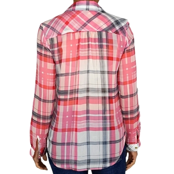 Tommy Hilfiger Semi Sheer Plaid Long Sleeve Button-Up Size Small Pink White - Picture 2 of 6